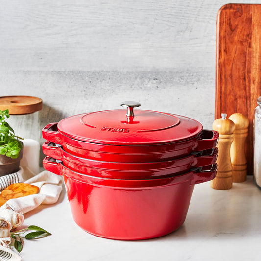 Staub 4 Piece Cherry Red Stackable Cast Iron Cookware Set