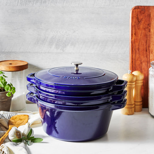 Staub 4 Piece Sapphire Blue Stackable Cast Iron Cookware Set